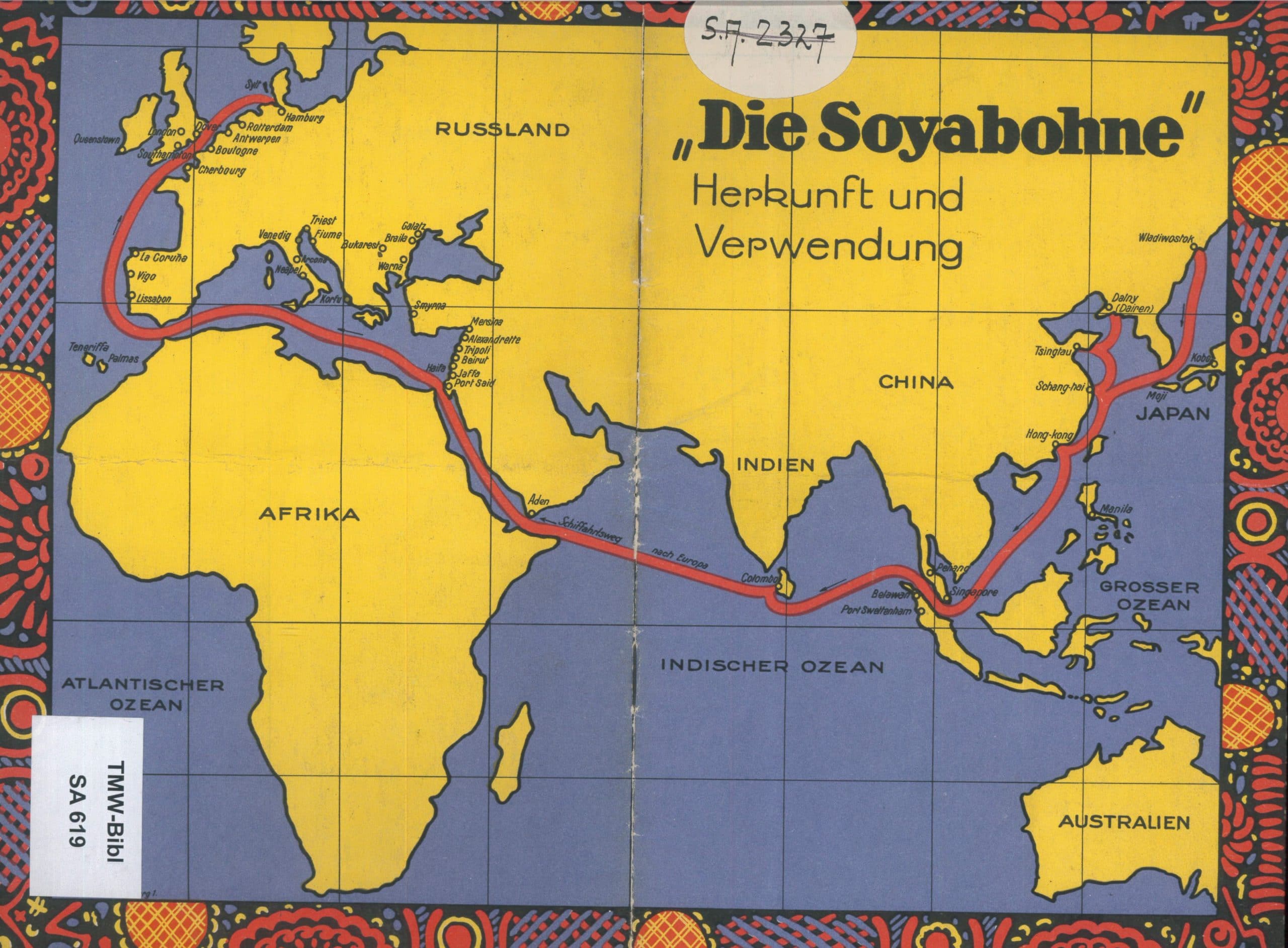 Das Buchcover zeigt eine stilisierte Weltkarte, die Vorder- und Rückseite des Umschlags umfasst. Als roter Faden ist eine Ost-West-Route von den Hafenstädten Nordeuropas über das Mittelmeer und das Horn von Afrika zu den Küsten Südostasien eingezeichnet. Die Weltkarte wird von einem „exotisch“ anmutenden Muster umrahmt. Auf der Vorderseite ist der Buchtitel platziert.